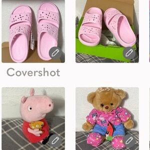 CROCS sz7 NIB+Peppa🐷TY+🧸w Peppa Pig outfit+🐷🥤boba tea necklace NOC